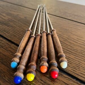 Vintage Fondue Set Stainless Steel 6 Forks Teak Wood Handles MCM Japan